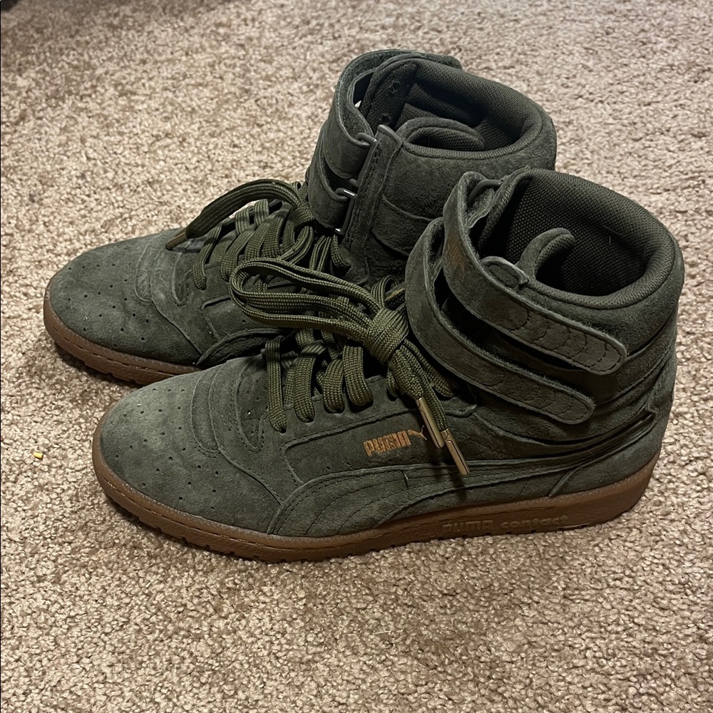 Puma Olive High-Top Sneakers with Brown Sole